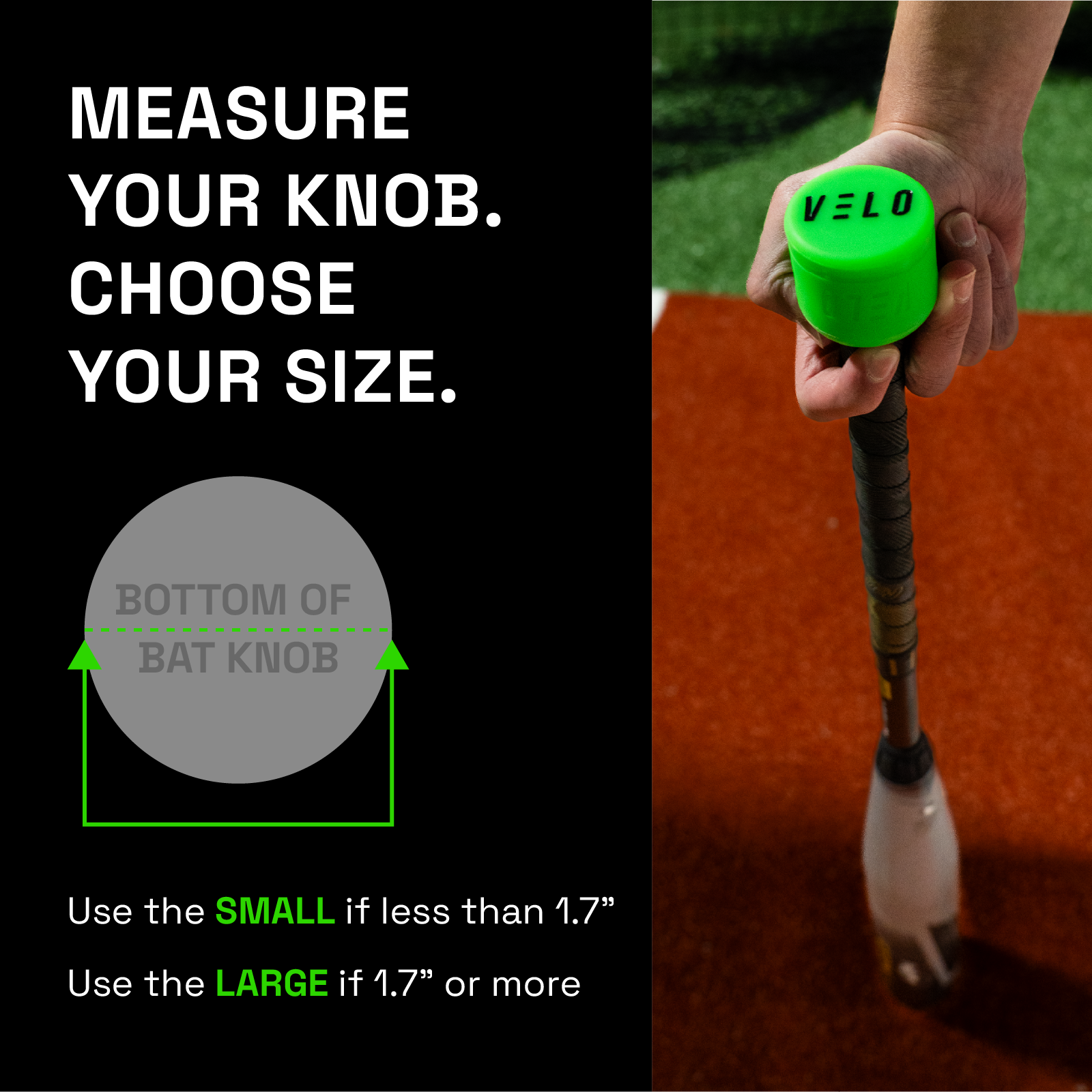 Diagram showing customers how to properly measure their baseball bat knob to know which VELO Puck Knob attachment fits their bat