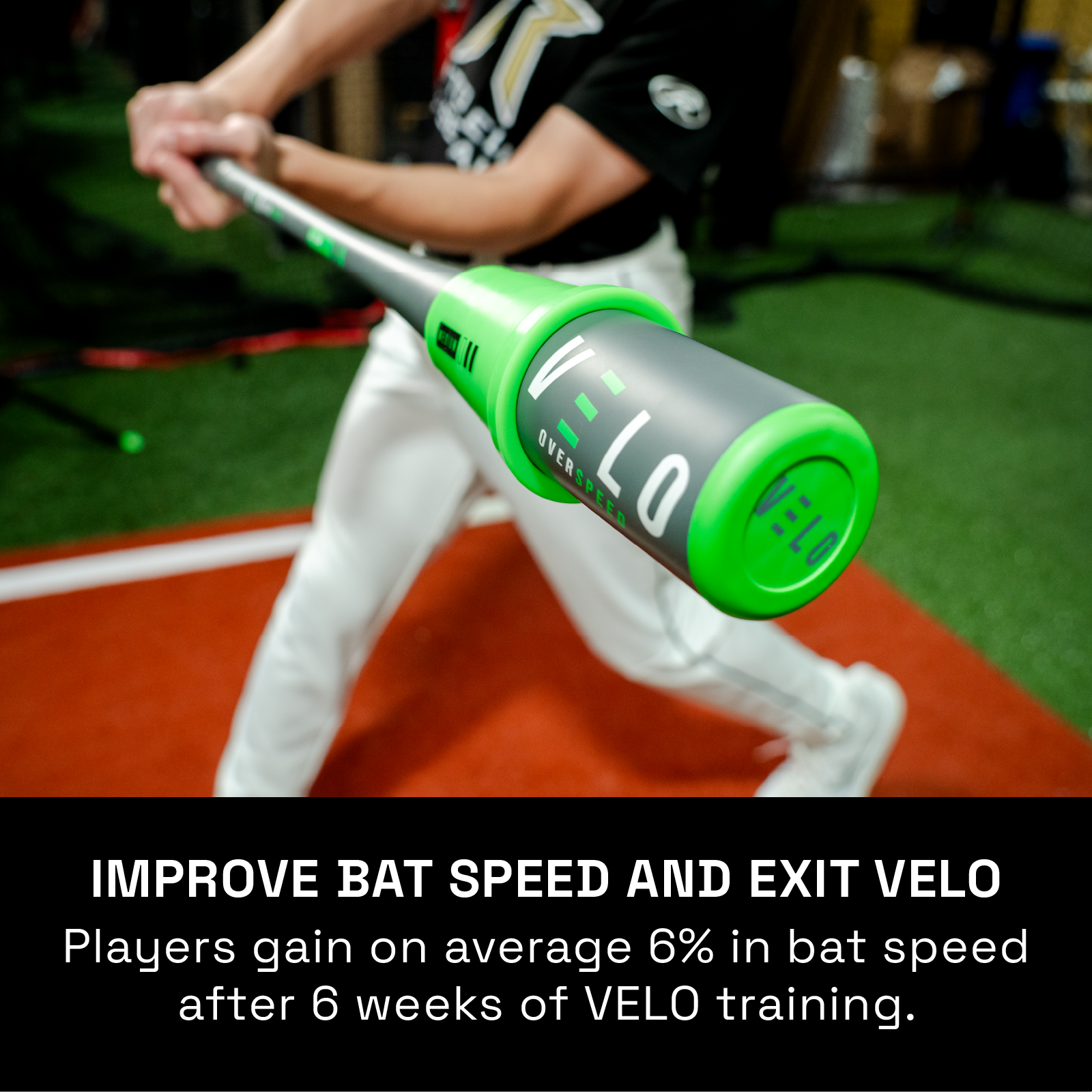 Antonelli Baseball youth player posing with VELO Overspeed All-Star baseball training bat system with medium green sleeve with supporting text, "Players gain on average 6% in bat speed after 6 weeks of VELO training."