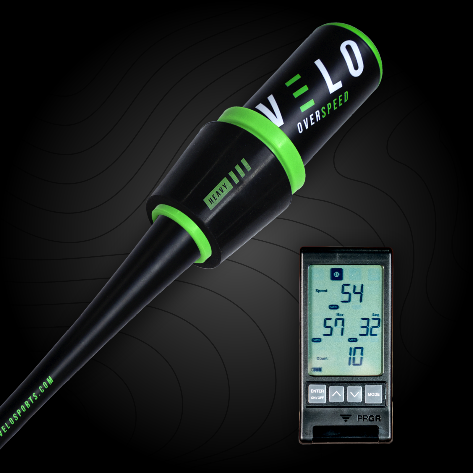 A black and green VELO Overspeed PRO baseball training bat with medium green weight and heavy black weight attached, alongside PRGR bat speed tracking monitor