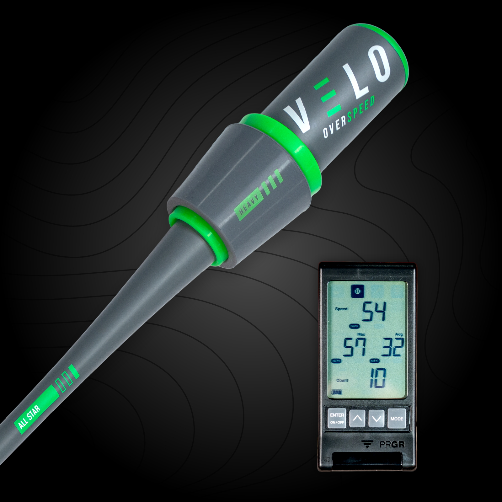 A grey and green VELO Overspeed All-Star baseball training bat with medium green weight and heavy black weight attached, alongside PRGR bat speed tracking monitor