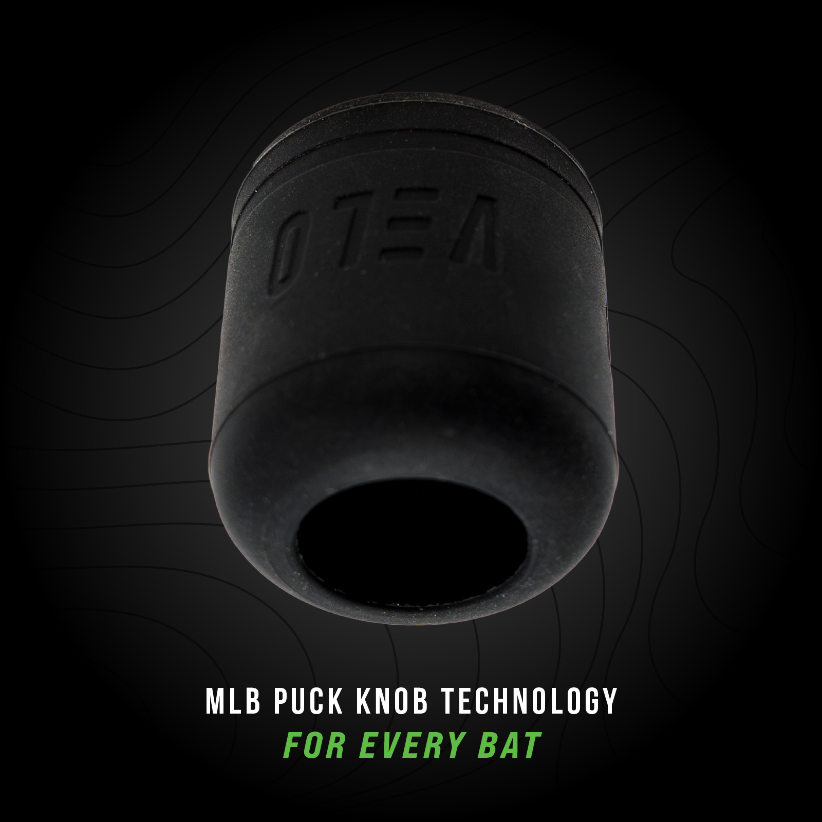 A black VELO baseball puck knob attachment showing the opening that allows it to attach to any baseball ball