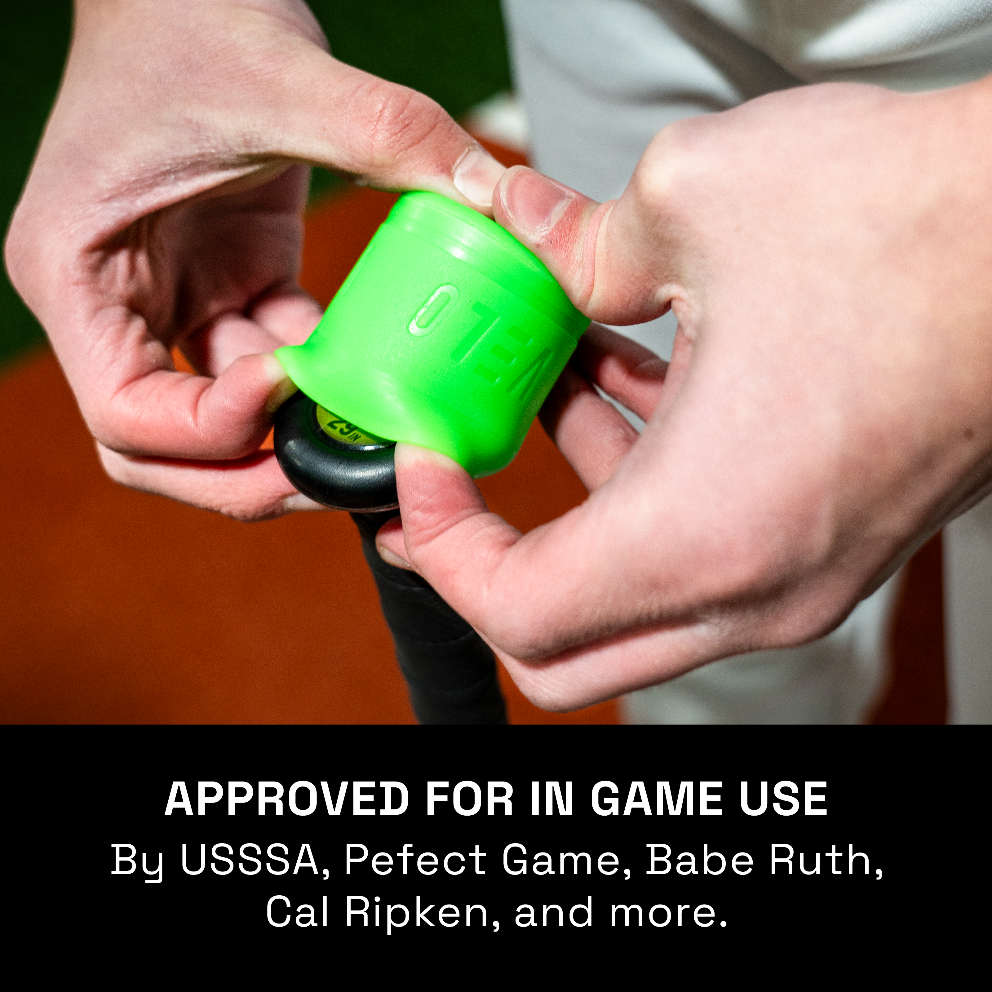 Baseball player demonstrating how to install a VELO Puck Knob attachment on baseball bat knob and that it i approved to in game use by "USSSA, Perfect Game, Babe Ruth, Cal Ripken and more."