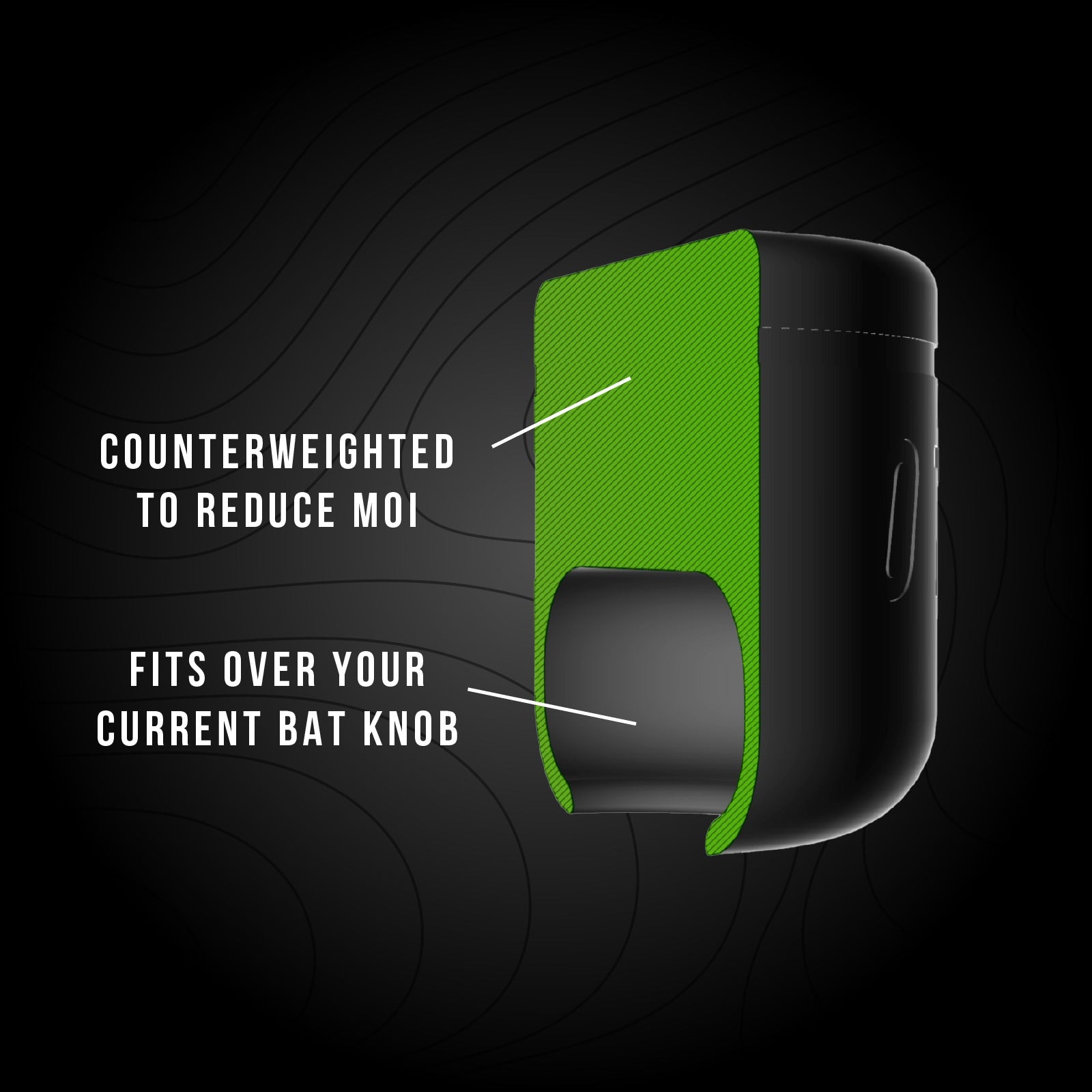A cross section image of a VELO Puck Knob that stats the counterweighted nature of the product and that it fits over your current baseball bat knob
