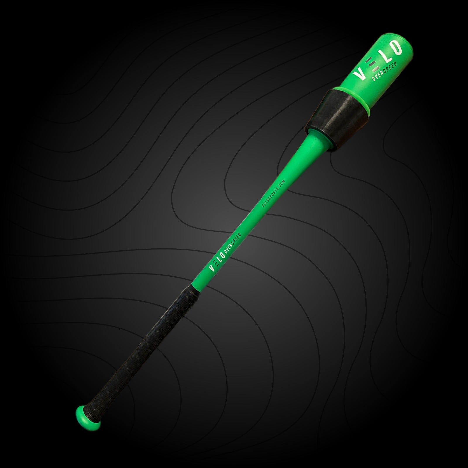 A green and black VELO Overspeed Youth baseball training bat with medium green weight and heavy black weight attached