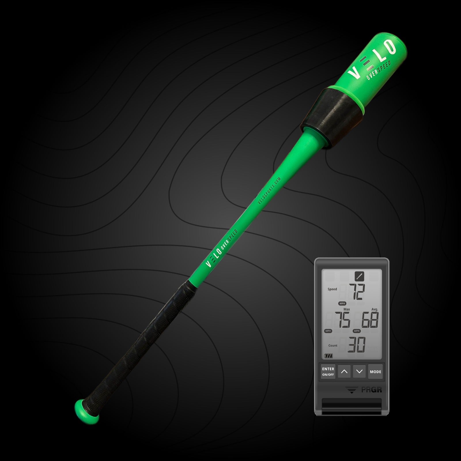 A green and black VELO Overspeed Youth baseball training bat with medium green weight and heavy black weight attached, alongside PRGR bat speed tracking monitor