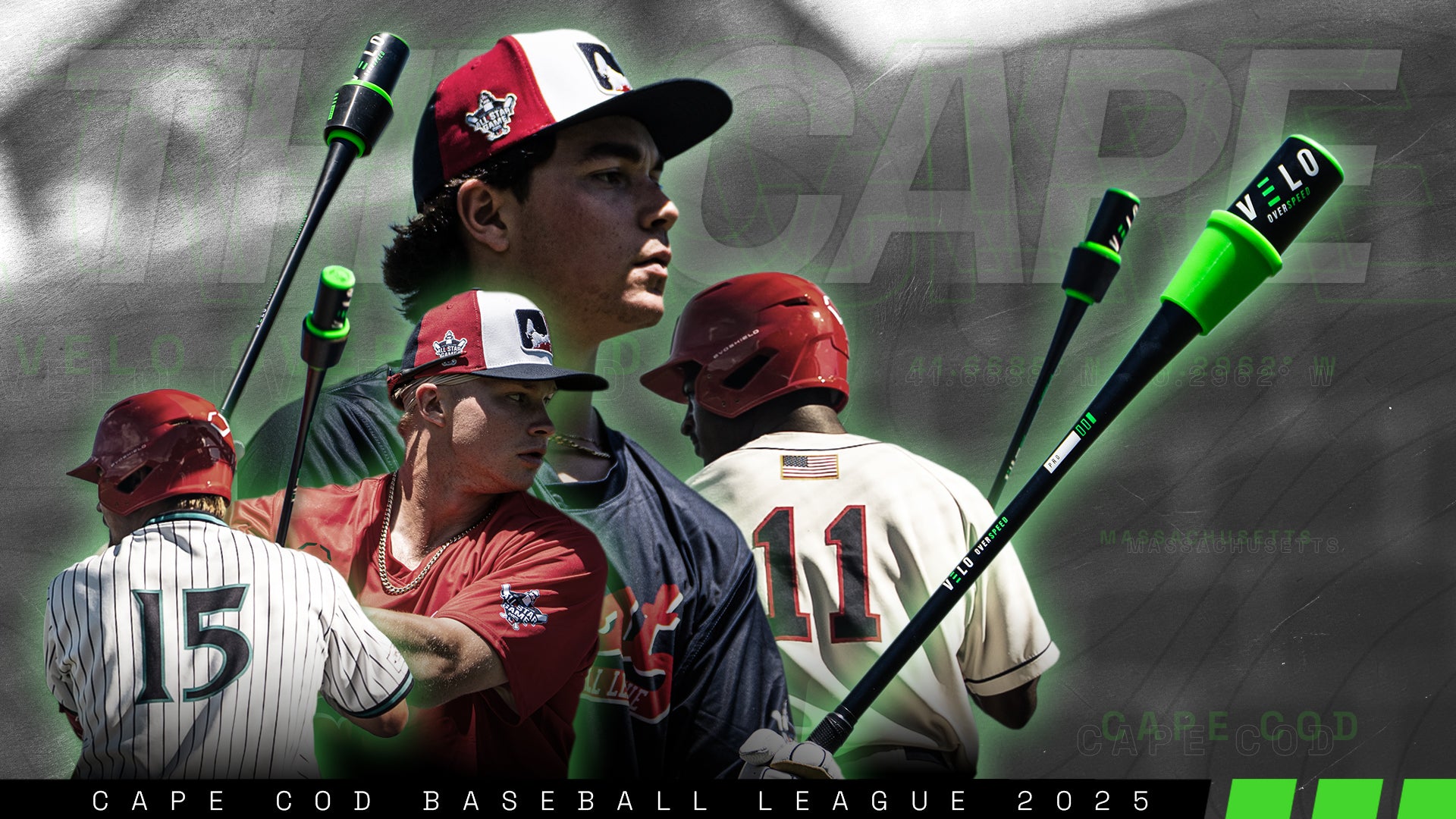 Collage of Cape Cod League players holding VELO Overspeed Training Bats