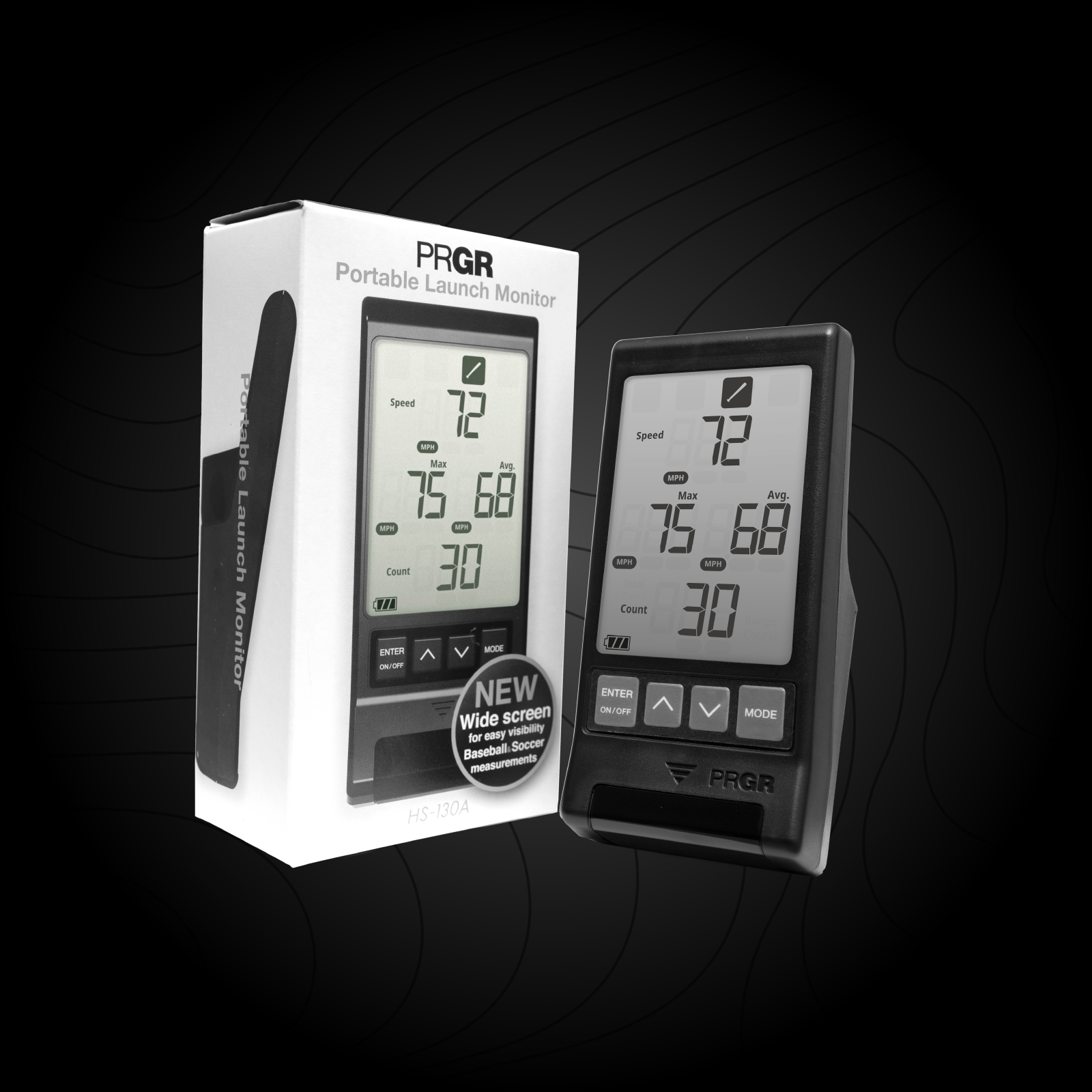A PRGR bat speed training radar monitor on black background alongside packaging